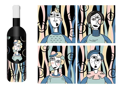 Set of psychedelic characters for the vine bottle design branding character characterdesign illustration package design vector