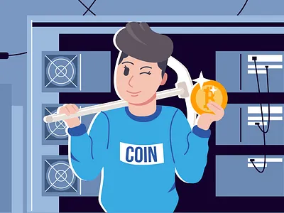 The miner extracts cryptocurrency on a mining farm. Illustration illustration