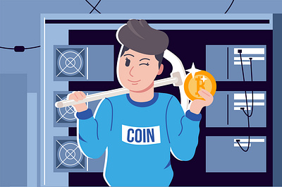 The miner extracts cryptocurrency on a mining farm. Illustration illustration