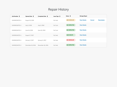 Repair History Table design interaction design ui ux web
