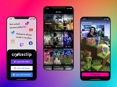 Crossclip mobile app android branding design illustration ios login page logo mobile app product design sharing tiktok twitch ui ux videos youtube