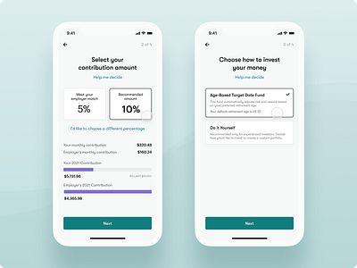 401(k) Enrollment Wizard Mobile 401k account admin design financial fintech flow graphic design investing investments mobile personal product design retired retirement transaction ui ux web design wizard