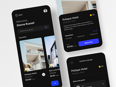 Hotel Booking App - Dark Mode app design typography ui ux