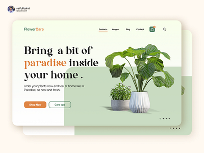 FlowerCare - Visual UI Website for a Store Flowers brand branding care design green grow illustrations intership leaf orange paradise plant store ui ux vibes visual website