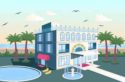 Hotel view building graphic design hospitality hostel hotel illustration palms reservation resort sea swimming pool vacation vector