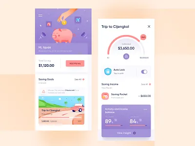 Saving Mobile App 💵 app blue chart clean coin dashboard design financial hand illustraiton ios management mobile modern money purple saving ui vacation website