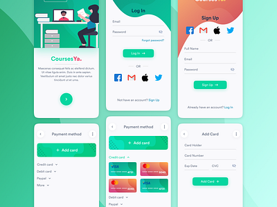 CoursesYa: Log In, Sign Up + Payment method 2021 clean design figma gradient minimal ui