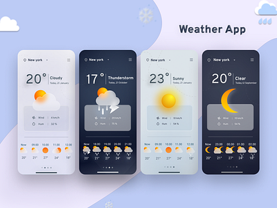 Weather forecast - Mobile App Deisign app cloudy colour design forecasting ios minimal mobile app mobile design moon rainy search location sunny ui uiux ux weather app weather forecast app weather icon wind
