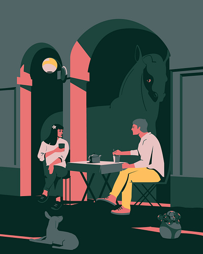 Witness animal art cafe casual city city life digitalart drawing horse illustration illustrator man people restaurant sculpture talking vector woman