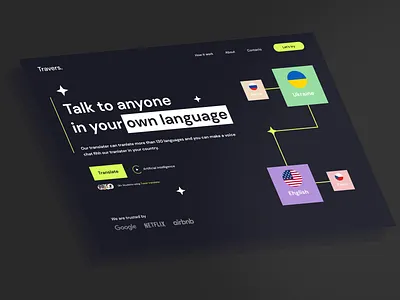 Travers - Language Artificial Intelligence Landing Page ai artificial intelligence batix clean colors countries dark page design landing page language learn minimal translate translater ui ui ux web web design web site webdesign