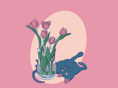 Playful cat art cat design digital drawing flowers illustration merch pink spring tulips vase