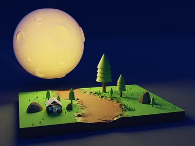 Lua, Pinheiros e a Cabana 3d blender environment low polly moon