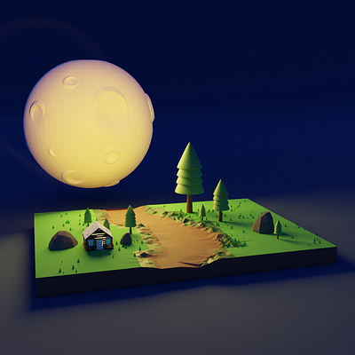 Lua, Pinheiros e a Cabana 3d blender environment low polly moon