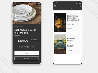 Project Relic: Virtual antique pawning and auctions. app design auction dealership interaction mobile trade ui