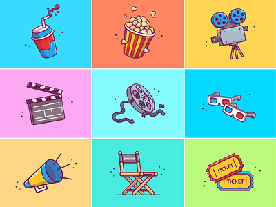 Movies🥤🍿🎬 4d glasses camera roll cinema cinema stuff cute director drink holiday icon illustration logo movies netflix pop corn series studio ticket