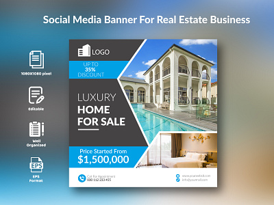 Social Media Banner For Real Estate Business. abcdefghijklmnop abstract banner blue branding corporate design eps flat graphic graphic design illustration instagram post real estate social thumbnail twitterpost typography vector web design