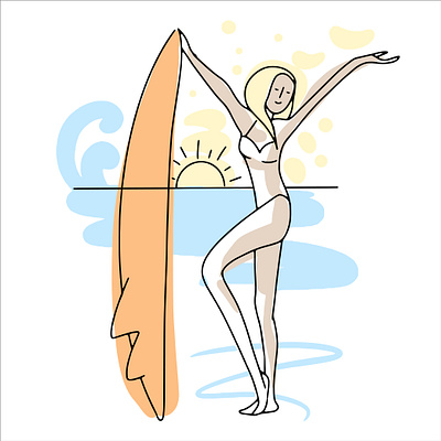 Surf girl graphic design line drawing summer vibes surf