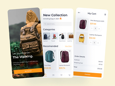 Backpack Shopping App app application bag bag store app check out clean ecommerce ecommerce shopping home screen illustration log in mobile mobile app product page shopping shopping app ui uiux ux women bag