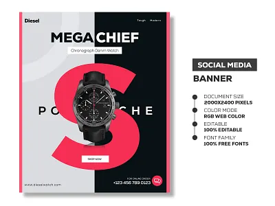 Diesel Hand Watch - Social Media Banner Template banner design design diesel diesel watch social media banner social media banner design social media banner design ideas social media banner design size social media banner pack free social media banner template social media posts and banners watch watch banner design web banner design web banner idea
