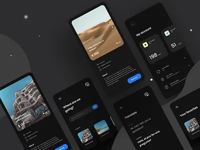 Travelly - virtual travel guide app dark mode mobile travel ui ux