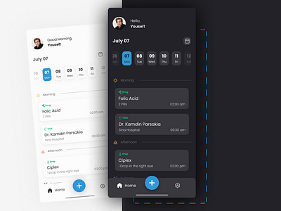 Medic Care - Mobile App UI android calendar card dark day figma ios medic medical mobile night phone reminder smart phone ui ux