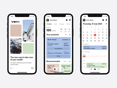 Versi® – Mobile Insurance App app application branding calendar cards dashboard design event feed insurance insurtech interface logo onboarding profile ui unikorns ux