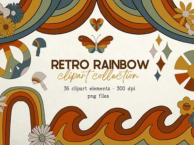 Retro Rainbow Clipart Bundle background clip art graphics design floral clipart groovy pattern illustration peace sign graphics retro clipart