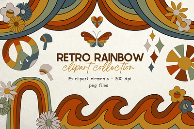 Retro Rainbow Clipart Bundle background clip art graphics design floral clipart groovy pattern illustration peace sign graphics retro clipart