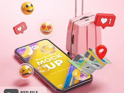 Phone Mockup Pink Suitcase Emoji Travel Online 3D 3d 3d mockup 3d mockups app branding cartoon cute emoji gps holiday love map mockup notification phone phone mockup phone mockups pink suitcase travel
