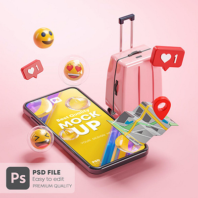 Phone Mockup Pink Suitcase Emoji Travel Online 3D 3d 3d mockup 3d mockups app branding cartoon cute emoji gps holiday love map mockup notification phone phone mockup phone mockups pink suitcase travel