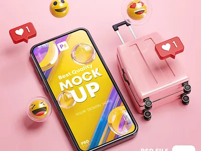 Phone Mockup Pink Suitcase Emoji Travel Online 3D 3d 3d mockup 3d mockups app cartoon cute emoji gps holiday icon design love map mockup notification phone phone mockup phone mockups pink suitcase travel