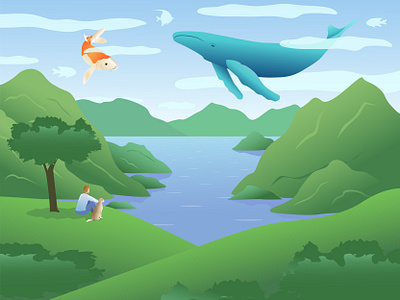 Daydreaming animals art character design daydreaming design dog fantasy flat hills illustration illustrator lake landscape mountains vector whale