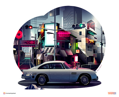 Aston martin cyberpunk automotive city environment futur illustration japan light logo luxury movie neon poster print retro tokyo ui
