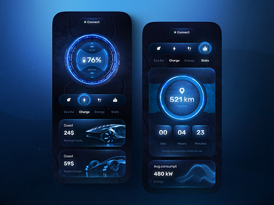 Electric car charger app concept 3d app design car car app charge charger dark mode design electric electric car glassmorphism illustration mobile mobile app mobile app design neon ui uiux ux