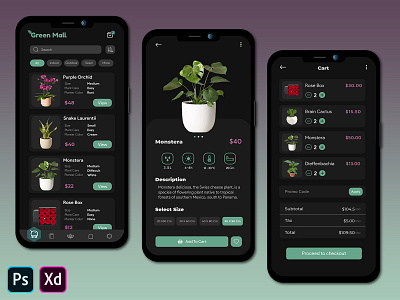 GreenMall- Dark Mode adobe xd app design branding design green illustration logo mobile app order online payment photoshop plant plant shop ps ui uiux