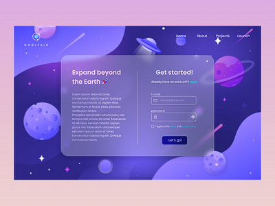 Orbitair - educational website | Sign up flow | #dailyUI 001 app best dailyui design educational galaxy glassmorphism graphic design illustration kids login signup space ui website