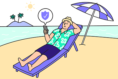 Wyze - peace of mind illustration beach brand illustration character guy holiday ilustration island man phone relaxing security security camera services surveillance tech tropical vacation wyze
