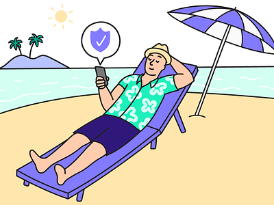 Wyze - peace of mind illustration beach brand illustration character guy holiday ilustration island man phone relaxing security security camera services surveillance tech tropical vacation wyze