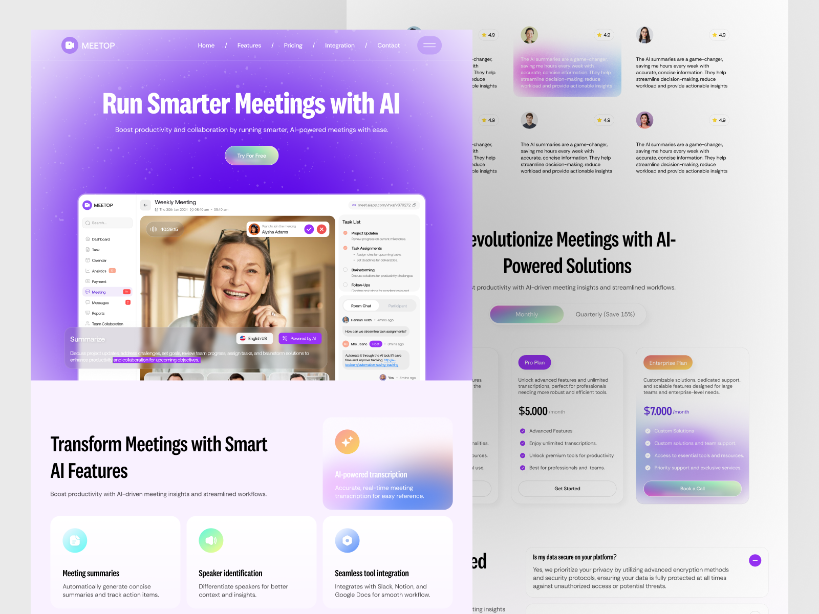 Example of AI Video Calling Software – Landing Page Meetop
