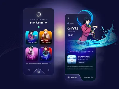 Demon Slayer - Service Finder Mobile App animation anime character clean dark demon slayer film finder graphic design hashira help illustration inspiration mobile app movie profile search service ui ux