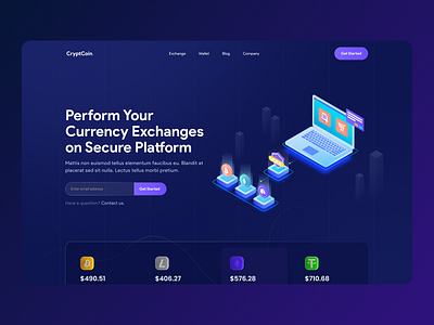 CyrptCoin - Crypto Currency Platform Landing Page bitcoin blockchain blockchain technology blue coin crypto crypto currency crypto exchange cryptocurrency dark darkui figma finance landing page minimal ui uidesign ux design wallet