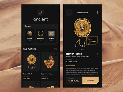 Ancient Auction App agency ancient app auction bid interface minimal mobile mobile app mobile apps mobile ui mobileapp mobileappdesign orix sajon ui ui design uiux ux ux ui design