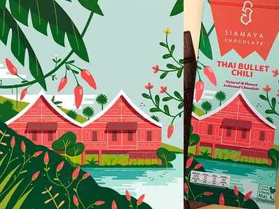 Thai Bullet Chili Chocolate Packaging asia bold chili chocolate color palette colorful contemporary design digital painting flowers food graphic design illustration minimalistic packging thailand wrapper
