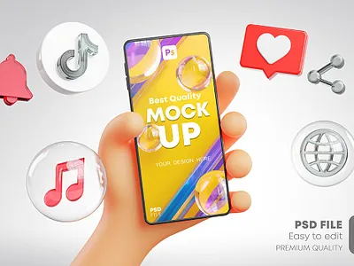 Cute Hand Holding Phone Mockup Social Media Pack 3d cartoon cute flyer hand icons instagram mockup mockups pack phone poster poster design poster template screen social social media tiktok whatsapp youtube