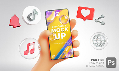 Cute Hand Holding Phone Mockup Social Media Pack 3d cartoon cute flyer hand icons instagram mockup mockups pack phone poster poster design poster template screen social social media tiktok whatsapp youtube