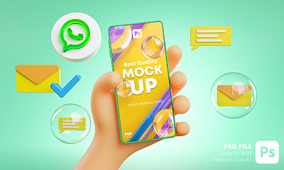 Cute Hand Holding Phone Mockup Social Media Pack 3d 3d icon 3d icons cartoon cute device hand icon icon design icons instagram mockup pack phone screen social social media tiktok whatsapp youtube