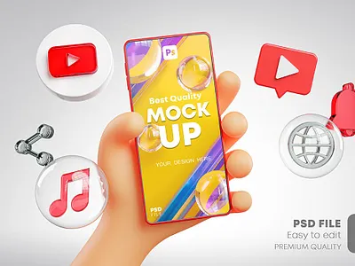 Cute Hand Holding Phone Mockup Social Media Pack 3d 3d icon 3d icons cartoon cute display hand icon icon design icons instagram mockup pack phone screen social social media tiktok whatsapp youtube