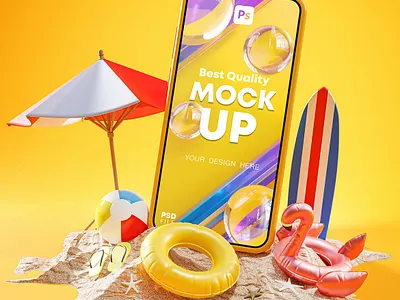 Summer Holiday Phone Mockup and Poster 3D 3d 3d icon 3d icons 3d mockup beach display holiday minimal mockup phone poster poster design sand screen smartphone summer sunny time tropical yellow