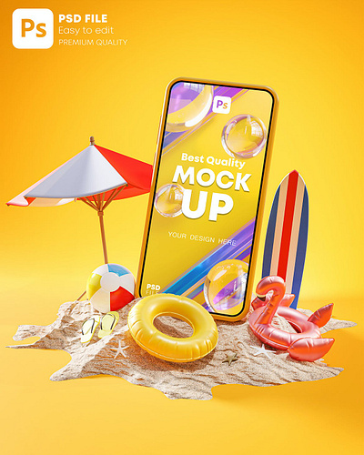 Summer Holiday Phone Mockup and Poster 3D 3d 3d icon 3d icons 3d mockup beach display holiday minimal mockup phone poster poster design sand screen smartphone summer sunny time tropical yellow