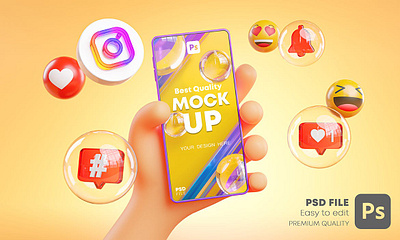 Cute Hand Holding Phone Mockup Social Media Pack 3d 3d icon 3d icons cartoon cute display hand icon icon design icons instagram instagram template mockup phone screen social social media tiktok whatsapp youtube